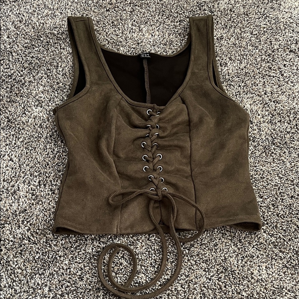 Lace-Up Olive Green Suede Tank Top